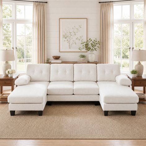 Divano a U 4 posti con chaise longue, ciniglia, beige HAVRYA (1/5)