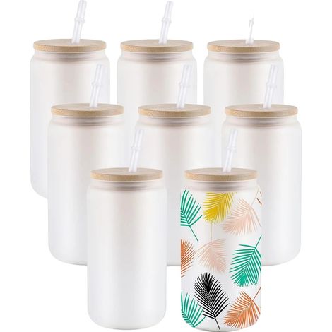 Gobelets, prêts pour la sublimation, comprend des couvercles en bambou, 8pcs Givré, 16oz-a (1/2)