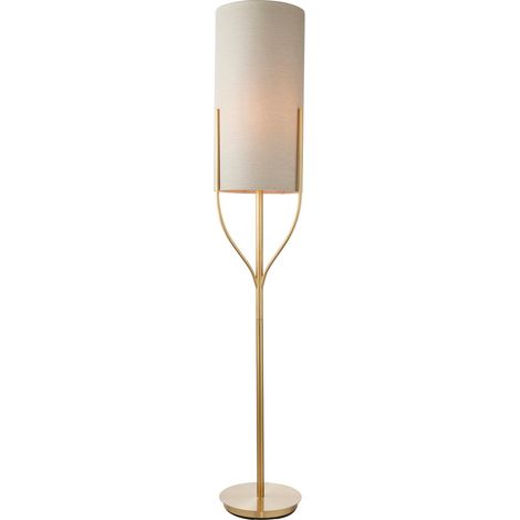 Base & Abat-Jour Lampadaire Plaque de Laiton Satiné, Tissu Mélange de Lin Naturel (1/5)