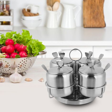 Pot à épices rotatif en acier inoxydable pour sel et épices, quatre flacons à assaisonnement avec cuillère et couvercle (1/5)