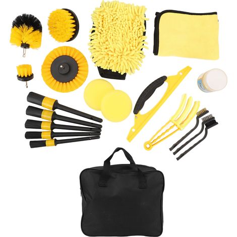 Ensemble d'accessoires de brosse pour perceuse - Brosse de nettoyage automobile polyvalente avec brosse métallique et brosse intérieure jaune (1/5)