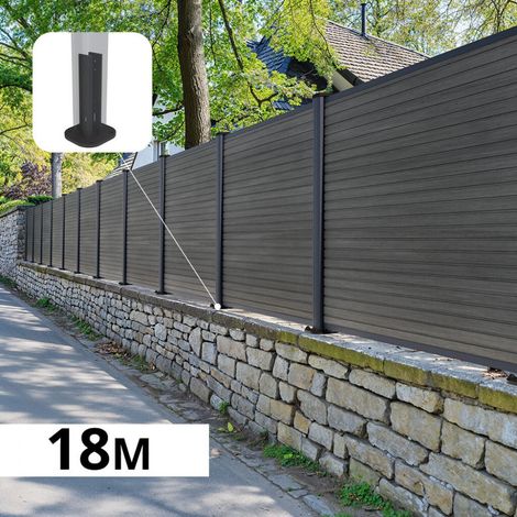 Kit Clôture Composite sur Muret SANTOS Ardoise 18x1,2m - Bois composite & Aluminium - Poteaux sur Platines Gris - Brise vue