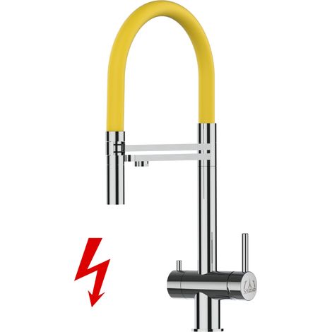 NIEDERDRUCK 3 Wege Edelstahl Massiv Küchenarmatur Spültischmischer, mit 360° schwenkbarem Gelb Auslauf und 2 strahl Handbrause - Hochglanz (1/5)