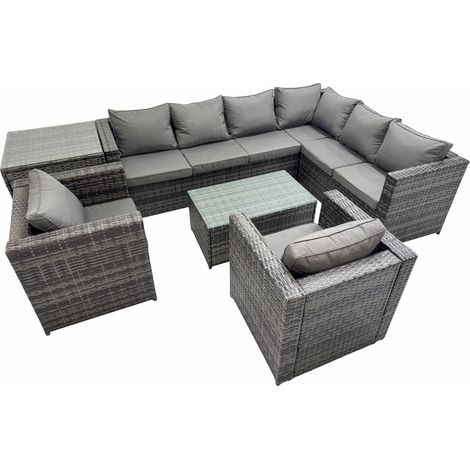 Fimous Patio Sofa Oblong Coffee Table Set Rattan Garden Furniture Set with 2 Chairs Side Table Dark Grey Mixed (1/5)