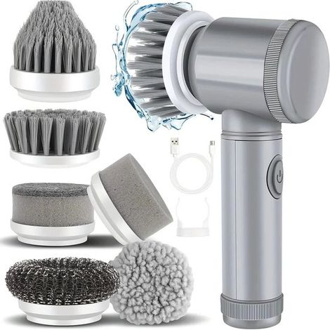 Brosse de nettoyage électrique sans fil multifonction, avec 6 têtes interchangeables, pour vaisselle, évier, lavabo, carrelage et surfaces de cuisine, gris (1/5)