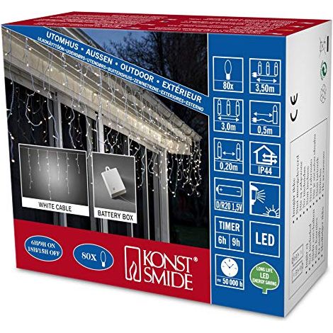 Konstsmide 3739-102 - Catena luminosa LED con interruttore on/off e sensore luminoso, timer per 6 e 9 ore, adatta a esterni (IP44), 80 diodi a luce bianca calda, funzionamento a batteria, con cavo bia (1/3)