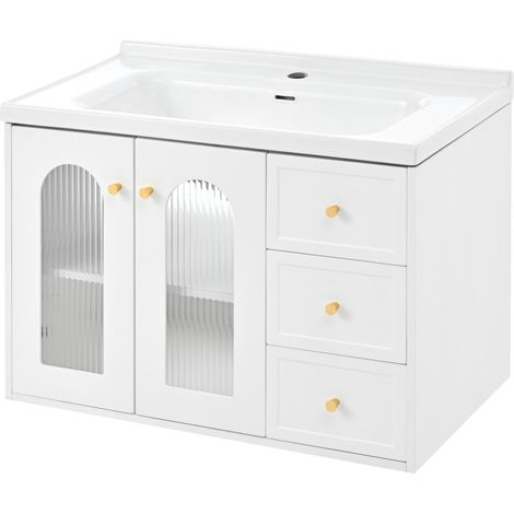 GagaMeuble de salle de bain suspendu 80 cm avec vasque en céramique, MDF, 2 tiroirs et armoire à porte vitrée (1/5)