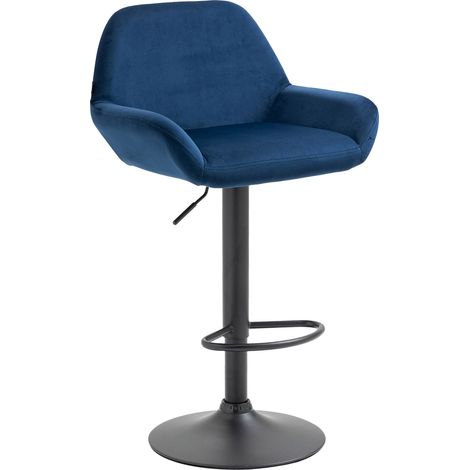 Sgabello da bar con base a tromba in velluto imbottito blu in metallo nero opaco TDB10419