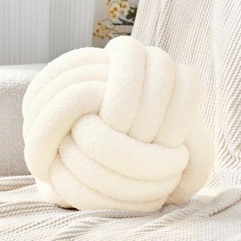 Coussin blanc cassé orné d'un nœud - 22 cm de diamètre - en velours - joli coussin de canapé - coussin décoratif rond - un cadeau merveilleux (1/5)