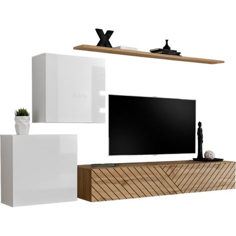 Set di mobili da soggiorno design SWITCH V, colori bianco e quercia. Finiture in bianco lucido e quercia fresata.