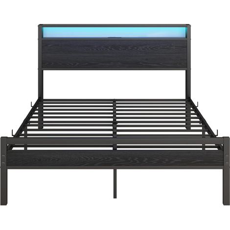 Lit 120x200 avec rangements, cadre en métal noir, USB-C, LED et tête de lit avec niches, style moderne pour chambre d’ado ou d’amis CHICFURN (1/5)