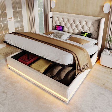 Polsterbett 140x200 cm mit Stauraum und LED-Beleuchtung, Doppelbett mit USB-Ladefunktion, hydraulischer Bettkasten, Baumwolle Beige (1/5)