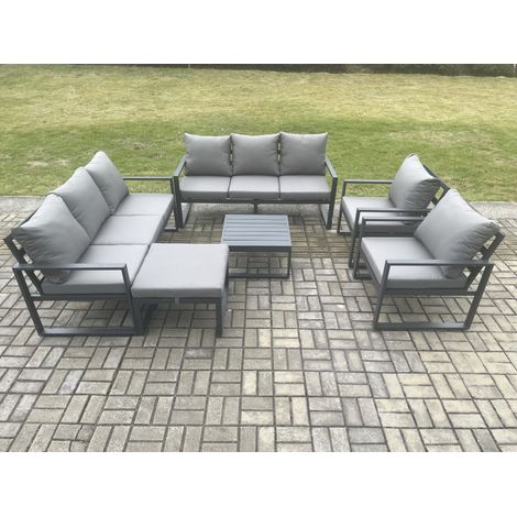 Fimous Aluminium Patio Outdoor Garden Furniture Lounge Sofa Set with Square Coffee Table 2 Chairs Big Footstool Dark Grey (1/5)