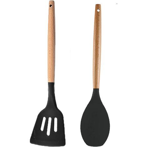 Ensemble Ustensiles Cuisine - Silicone Resistante Chaleur Et Bois Naturel - Pour Casseroles Antiadhesives - Lot De 2 (1/5)
