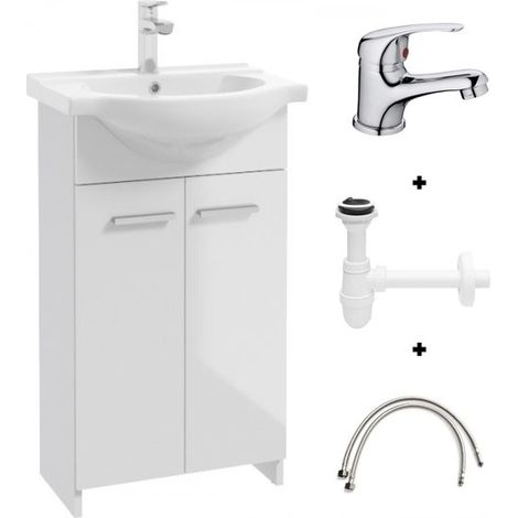 Mueble de baño con lavabo de 85x50 cm, blanco, modelo Marlena independiente con grifo compacto cromado.
