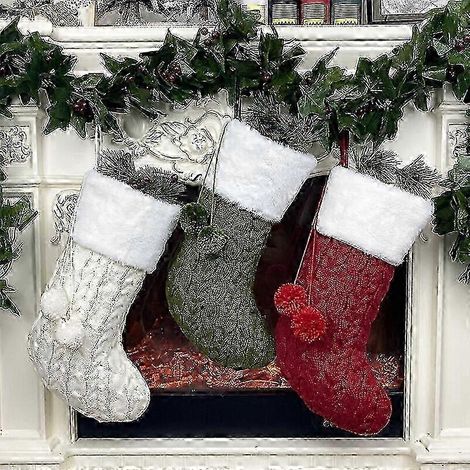 Chaussettes de Noël tricotées (lot de 3), sacs cadeaux de Noël, pendentifs, décorations pour sapin de Noël (1/4)
