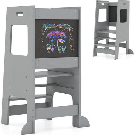 COSTWAY Kids Kitchen Step Stool 2-In-1 Toddler Standing Tower-Grey (1/5)