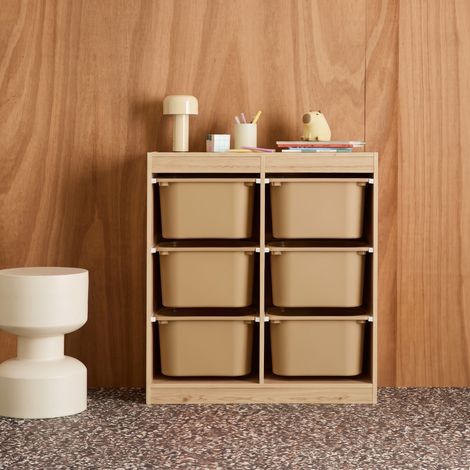 - Meuble de rangement enfant 6 bacs de rangement en plastique beige - Sora