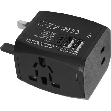Adaptateur secteur de voyage universel 6 A, 2 ports USB
3.0 A, USB-C, chargeur mural tout-en-un pour les réseaux US, UE et Royaume-Uni, 100-240 V, noir
