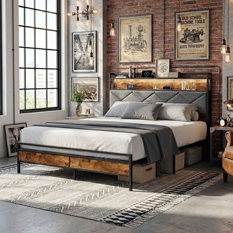 Lit Double 140x200 cm avec Tête de Lit Rangement LED et USB, Cadre de Lit 2 Places Adulte Métal et Bois , Industriel - Noyer