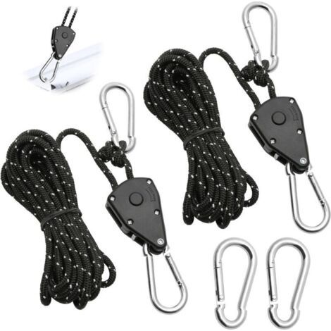 2 Pièces Corde à Cliquet Réglable 4M, Poulie à Cliquet Noir 1/8 avec 2 Replacement Crochets, Tendeur de Corde à Cliquet Réfléchissante pour Lampe Plantes Tente Randonnée (1/5)