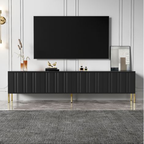 Mobile TV 190x38x48 cm, grande spazio contenitivo, ante con scanalature verticali, gambe dorate, MDF e truciolare, nero (1/5)