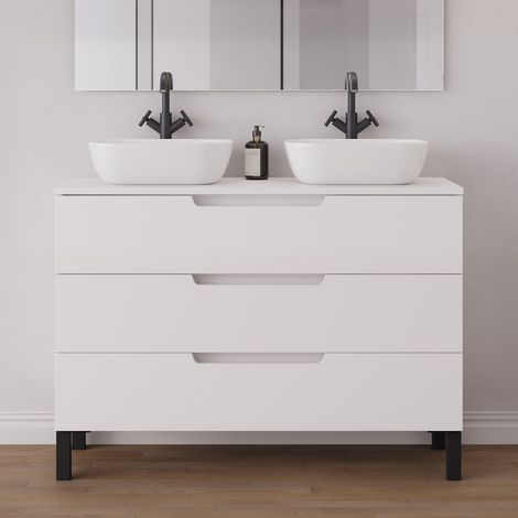 Meuble de salle de bain 120cm avec plateau et 2 vasques à poser arrondies - 3 tiroirs - sans miroir - blanc mat - RIZA (1/5)