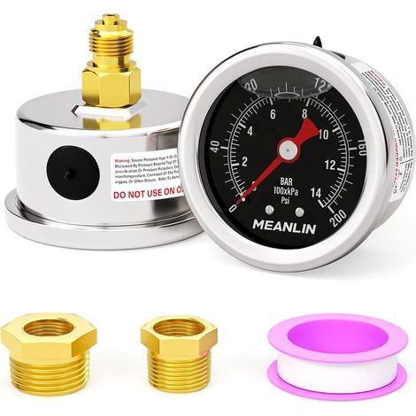014Bar/0200Psi Manomètre en acier inoxydable 1/8" BSP 1.5", rempli de glycérine, rempli de liquide, montage arrière (noir) avec douille hexagonale 1/4" BSP et 3/8" BSP (1/5)