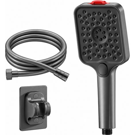 Ensemble de douchette carrée grise, 3 modes, autonettoyant, anticalcaire, haute pression + flexible PVC renforcé de 2 mètres + support