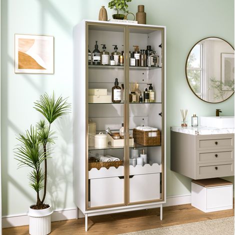 Credenza alta con vetrina, ripiani regolabili, cassetto, decoro ondulato, MDF bianco e oro (1/5)