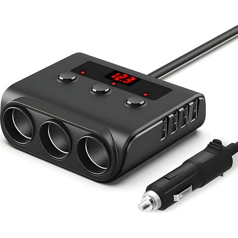 Cargador de encendedor de coche con divisor de enchufe, adaptador de 120 W con 4 puertos USB, interruptor independiente, indicador de voltaje para teléfonos, tabletas y cámaras de salpicadero.