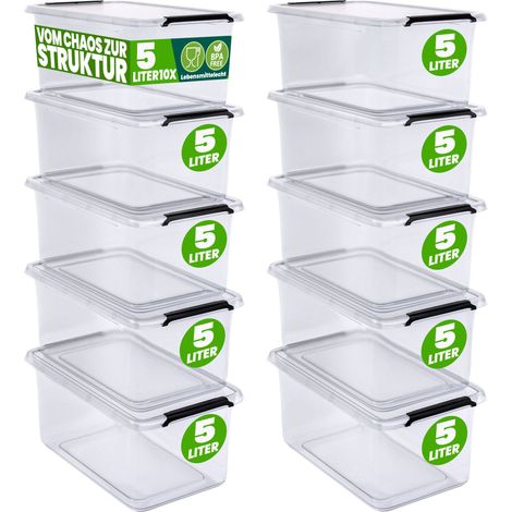DEUBA® Aufbewahrungsbox mit Deckel verschiedene Größen Box Kunststoff Kisten lebensmittelecht BPA frei klein Klickverschluss transparent stapelbar Küche Schlafzimmer  10x 5L