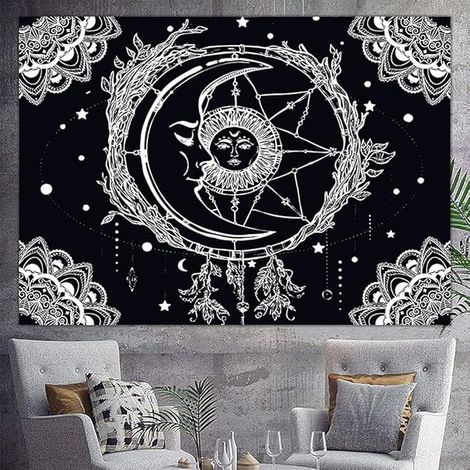 SHINING HOUSE Tapiz psicodélico para colgar en la pared, diseño de sol y luna, mandala, tarot estético, psicodélico, decoración de tela para dormitorio y sala de estar, 200 x 150 cm (negro) (1/5)