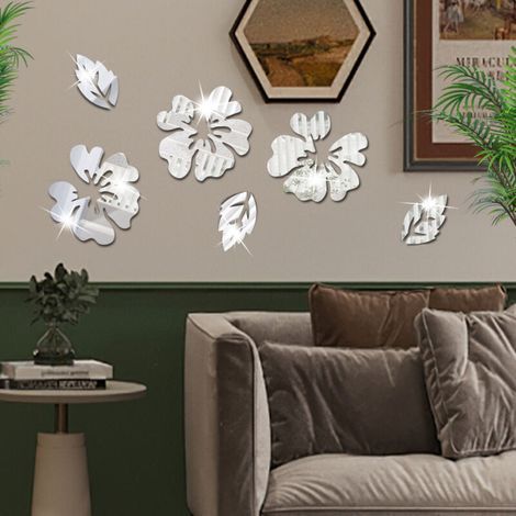 Lot de 6 Argent Miroir Stickers Muraux Fleurs Decoration Murale Salon Moderne Autocollant Mural Sticker Salle de Bain Miroir Fleurs Deco (1/4)