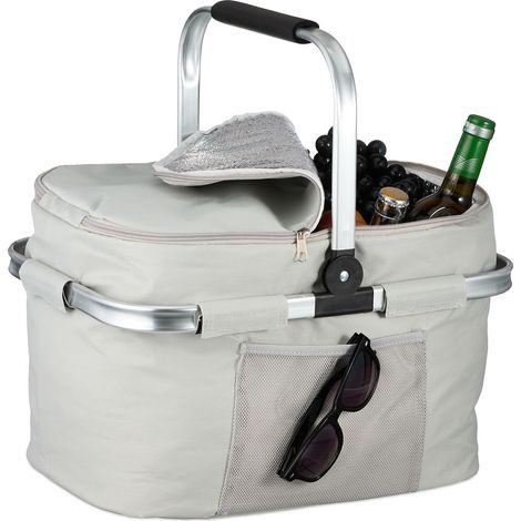 Relaxdays Borsa Frigo Termica, 28 L Cestino Spesa Pieghevole con Coperchio e Manico, Picnic Bag, Portavivande, Beige