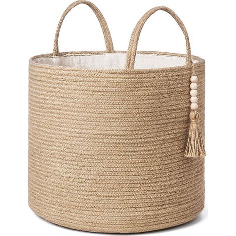 Large woven wicker laundry basket - Decorative storage basket made of natural rope - Wooden bead decoration for blankets, toys, clothes, shoes, plants - Basket (1/5)