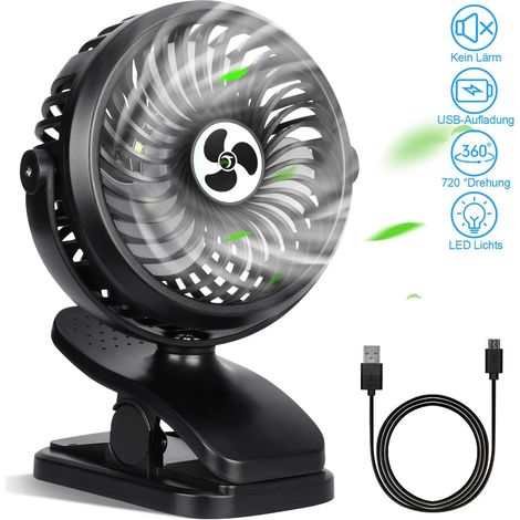 Clip Fan Mini USB Table Fan Quiet 720° Rotation 3 Speeds and Night Light 2000 mAh Battery 5V-2A for Offices, Strollers, Travel, etc., Black (1/5)