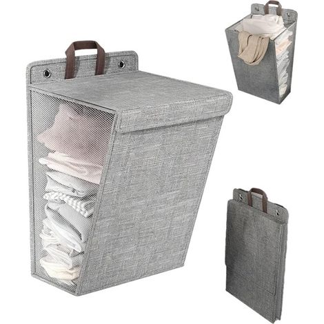 Panier à linge pliable avec couvercle - Panier à linge suspendu - Organisateur de linge en tissu - 48 x 36 x 12 cm - Gris - avec fenêtre en filet - pour salle de bain et buanderie (1/5)