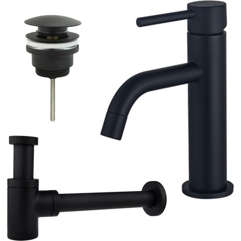 FugaFlow Eccelente Sobrado Slim Slim Kit mitigeur lavabo - robinet bas - bonde clic clac - siphon design bas - Noir mat (1/4)