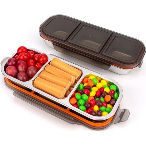 Snack box en acier inoxydable – 2 pièces avec 3 compartiments 600 ml – Contenant à collation métallique avec couvercle anti-fuite – Petite boîte à lunch divisée en trois – Résistant au micro-ondes et (1/5)