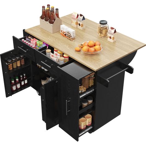 Îlot de cuisine noir avec table rabattable, desserte mobile en MDF et métal, rangements extensibles, 110 x 46 x 90,5 cm (1/5)