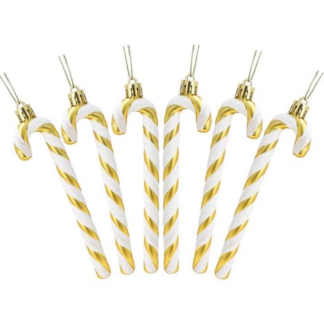 Paquete de 6 adornos navideños de 13 cm con forma de bastón de caramelo brillante (dorado y blanco) (1/4)