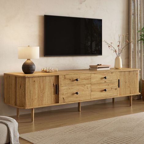Meuble TV 165 cm 4 tiroirs 2 portes coulissantes grand espace de rangement structure en MDF coins arrondis (1/4)