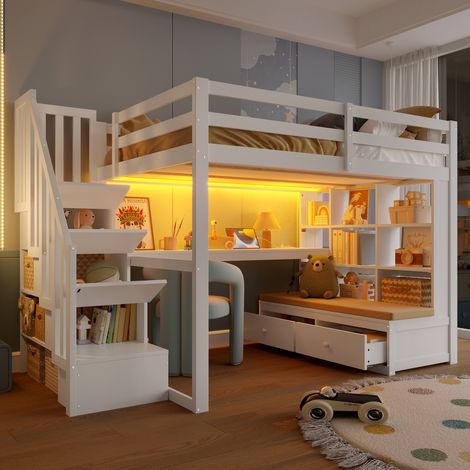 Bett Hochbett 140x200 cm modern aus Kiefer/MDF in Weiß, mit Schreibtisch, Regalen, Stauraumtreppe, 2 Schubladen und LED (1/5)