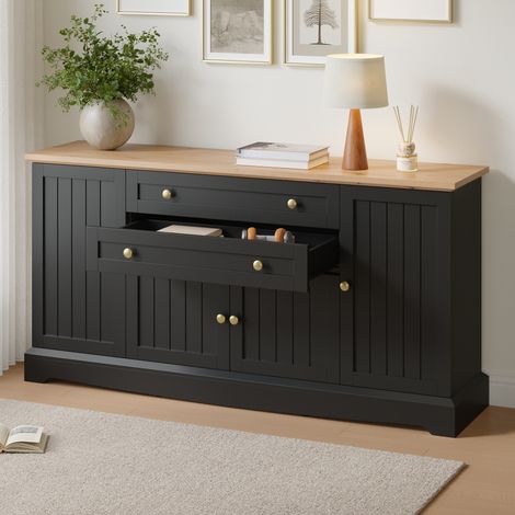Buffet Bas avec 4 Portes Rainurées, 2 Tiroirs et Étagères Réglables en Hauteur, Meuble de Rangement pour Salon et Salle à Manger, MDF - Noir (1/5)