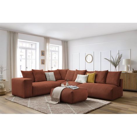 BOBOCHIC - Canapé d'angle fixe modulable VOLTAIRE avec 2 chauffeuses 2 places, 1 angle, 1 chauffeuse 1 place et 1 pouf Angle gauche Orange (1/5)
