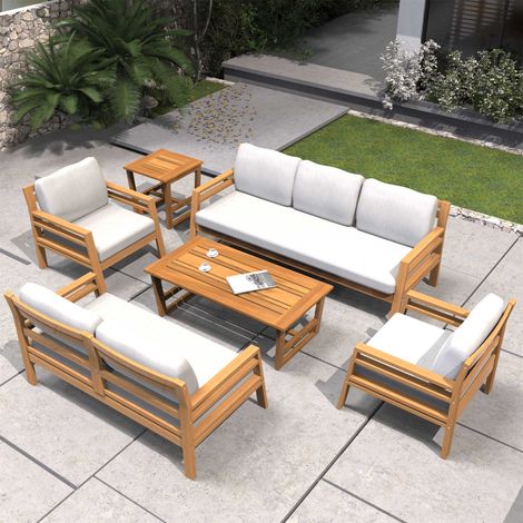 Abrihome 7-Piece Acacia Wood Garden Set – 3-Seater, 2-Seater, 2 Armchairs, Coffee Table and Side Table, with Olefin Cushions, Teak Finish
