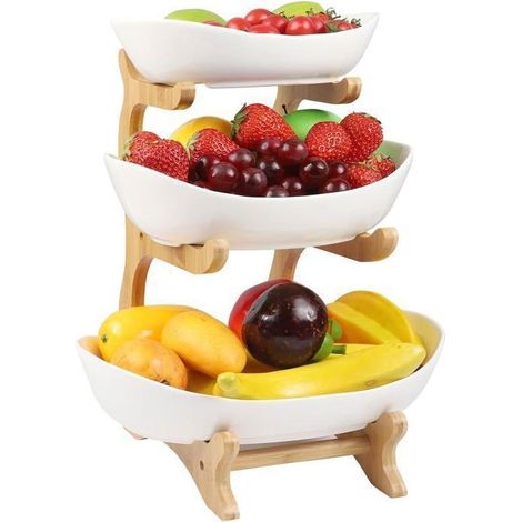 Présentoir à fruits à 3 étages, Corbeille a Fruits avec support en bois résistant, Plateaux de Service pour Gâteaux Fruits Dessert (1/5)