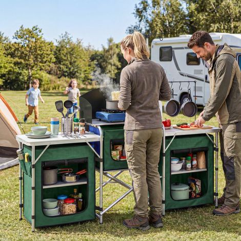 Vert 172x48x130 cm - Mobilier pliant de cuisine de camping doté de 3 tables, 4 crochets, lampadaire et sac de transport