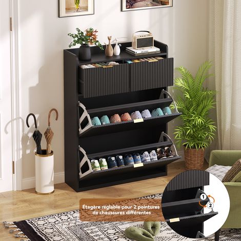 Meuble à chaussures blanc de grande capacité–Avec deux abattants et deux tiroirs–Poignées dorées–80 x 24 x 110–Pour la chambre à coucher ou l'entrée (1/5)